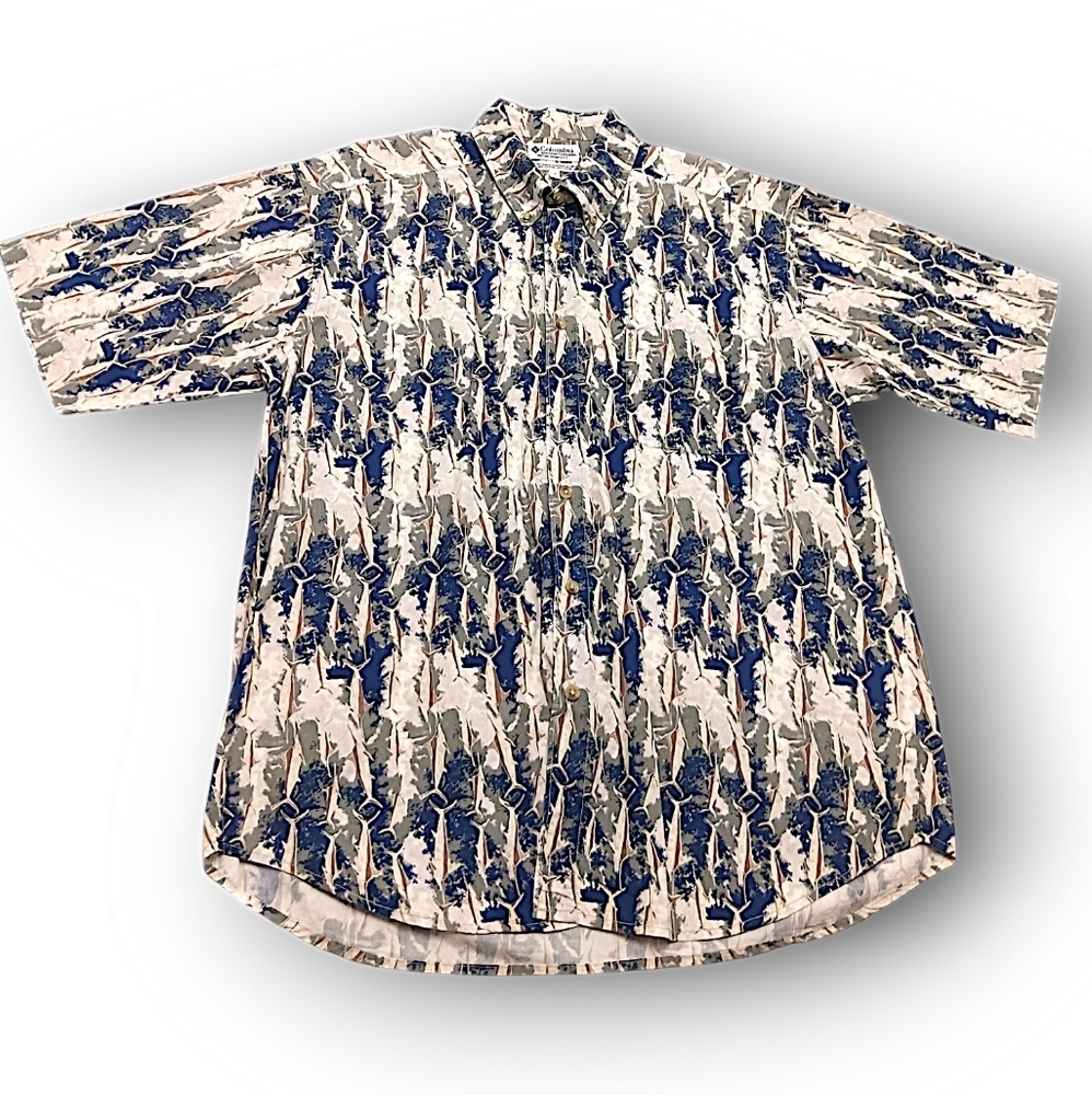 Columbia Mens Large Graphic Print Casual Button Down Short Sleeve Dress Shirt